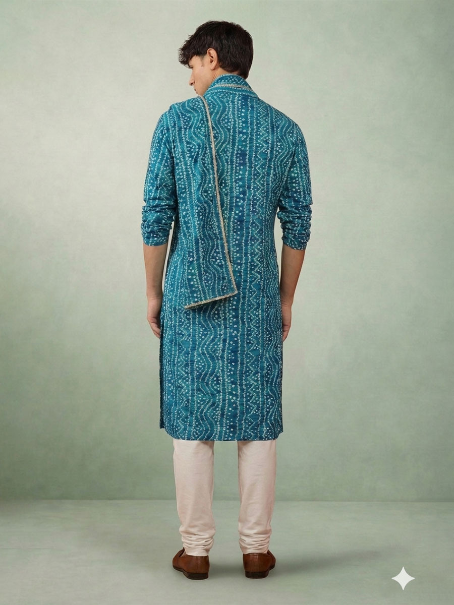 Petrol Blue Cotton Bandhani Printed Wedding Festival Party Wear Casual Mens Kurta