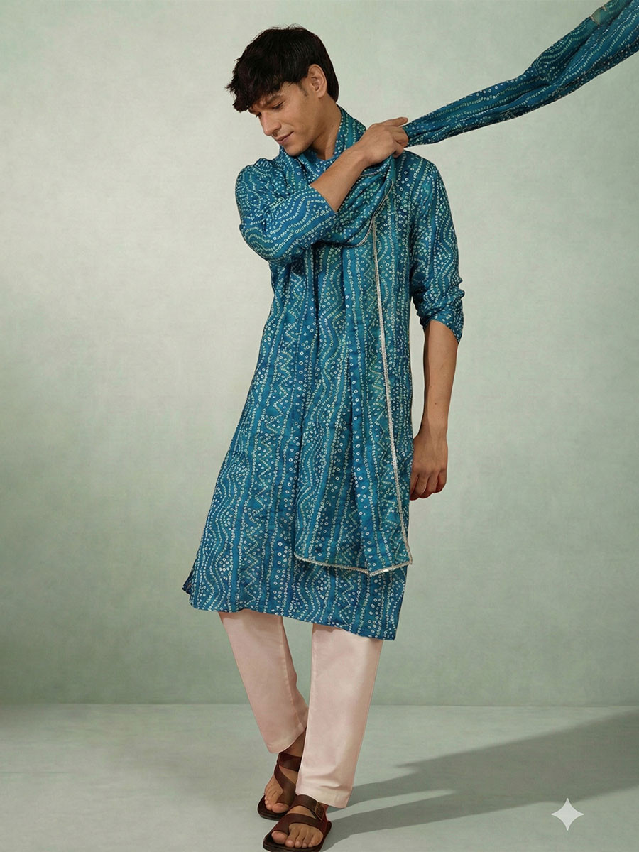 Petrol Blue Cotton  Bandhani Printed Wedding Festival Party Wear Casual Mens Kurta