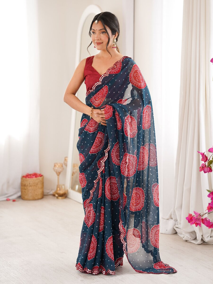 Petrol Georgette Bandhani Printed Mirror Cut Work Wedding Reception Party Festival Casual Heavy Border Sarees
