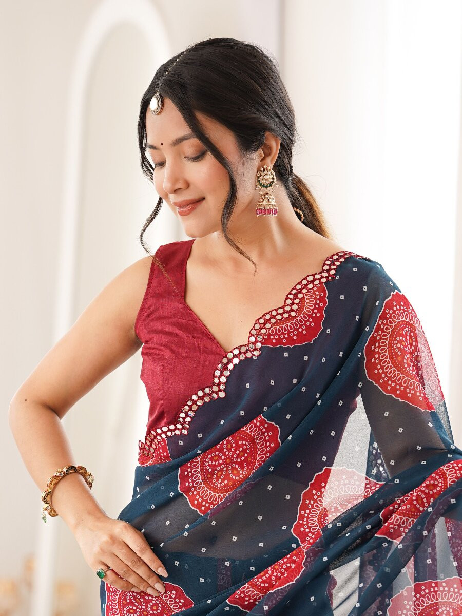 Petrol Georgette Bandhani Printed Mirror Cut Work Wedding Reception Party Festival Casual Heavy Border Sarees