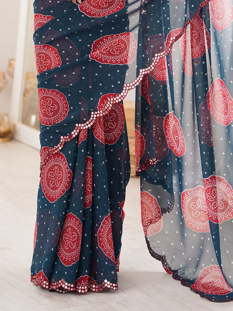 Petrol Georgette Bandhani Printed Mirror Cut Work Wedding Reception Party Festival Casual Heavy Border Sarees