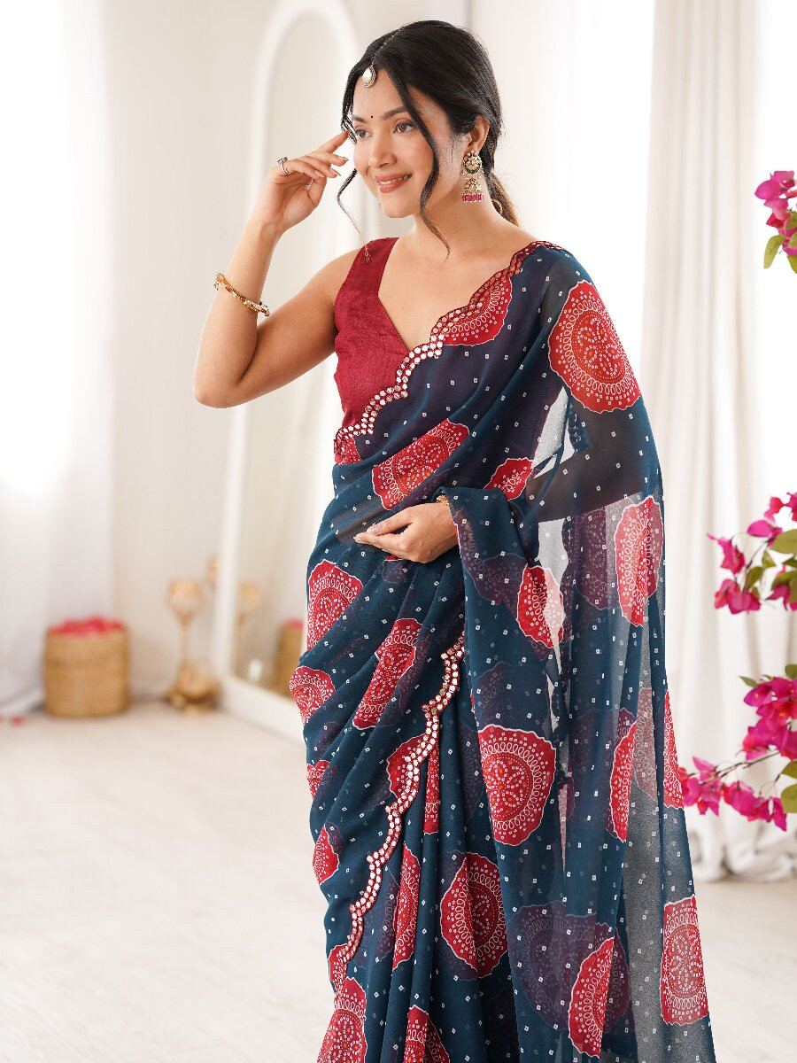 Petrol Georgette Bandhani Printed Mirror Cut Work Wedding Reception Party Festival Casual Heavy Border Sarees