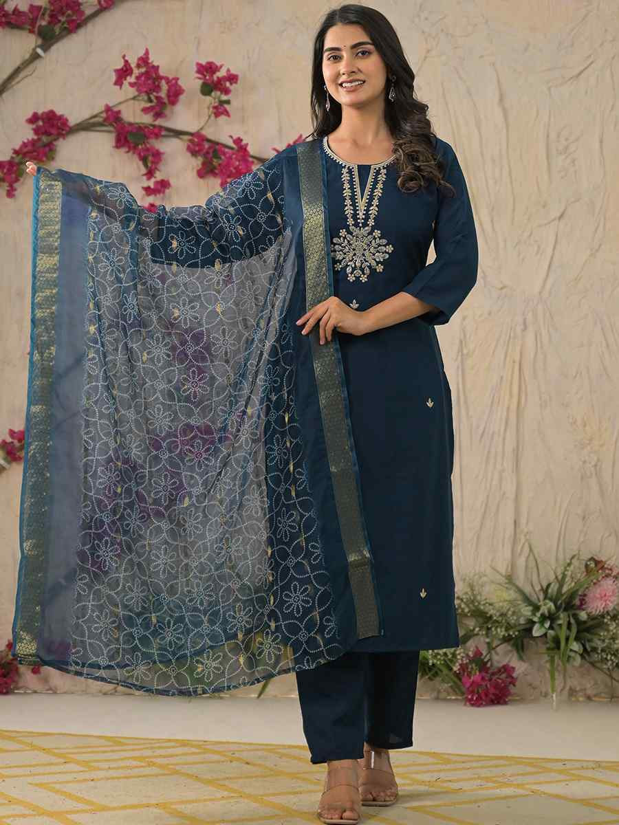 Petrol Rayon Embroidered Festival Casual Ready Pant Salwar Kameez