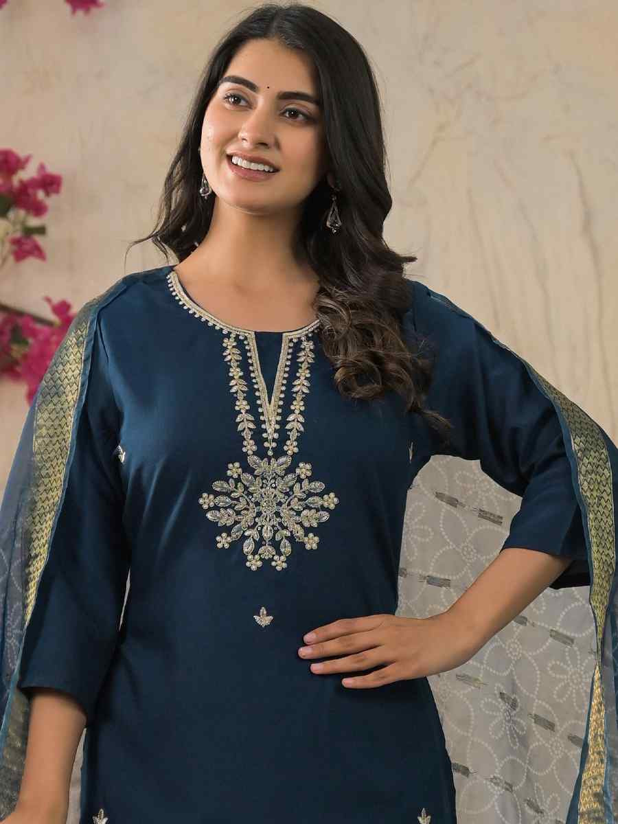 Petrol Rayon Embroidered Festival Casual Ready Pant Salwar Kameez