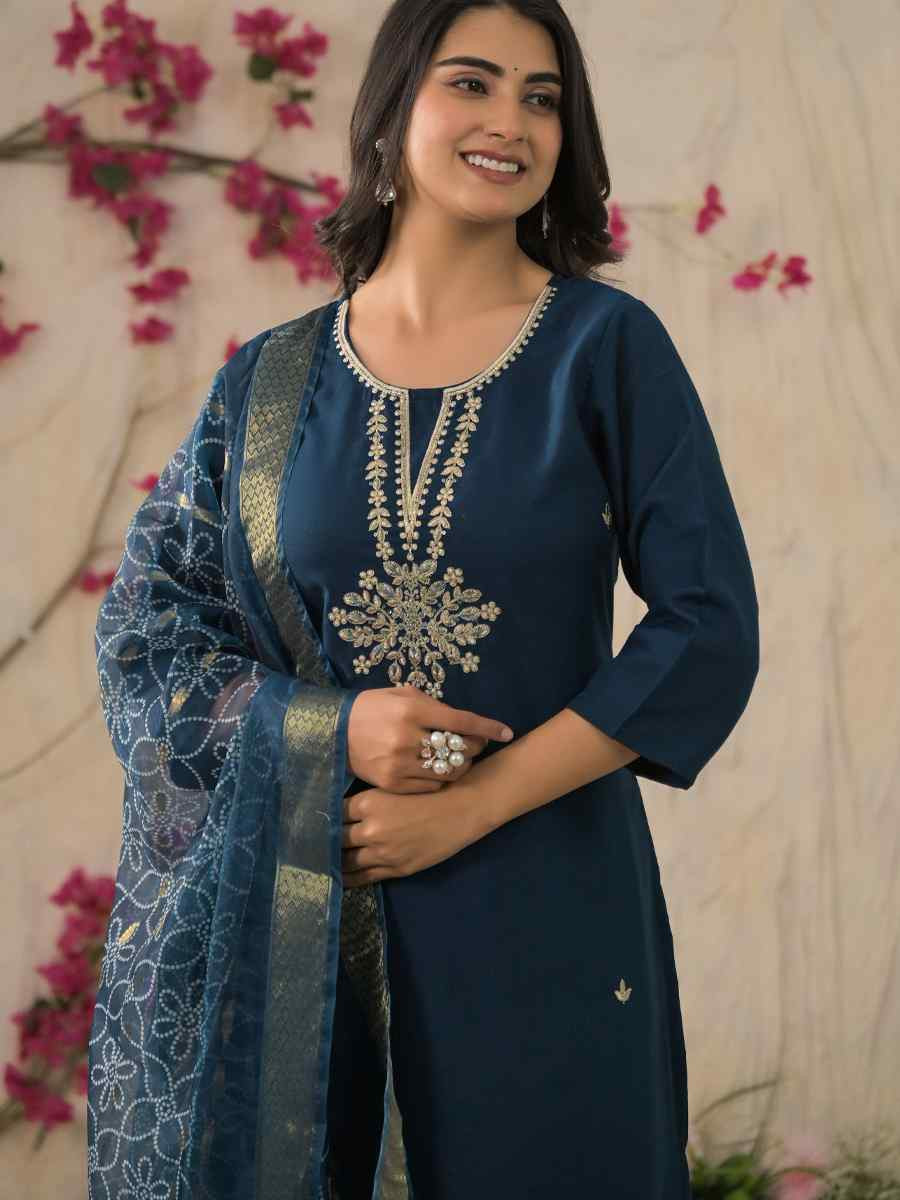 Petrol Rayon Embroidered Festival Casual Ready Pant Salwar Kameez