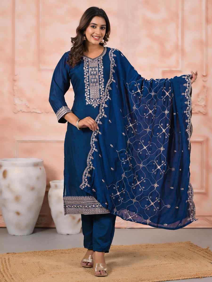 Petrol Slik Embroidered Party Casual Ready Pant Salwar Kameez