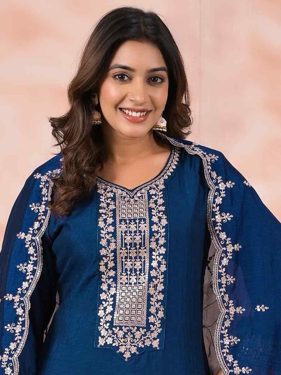 Petrol Slik Embroidered Party Casual Ready Pant Salwar Kameez