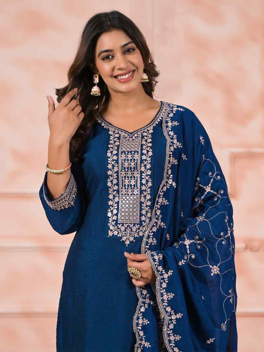 Petrol Slik Embroidered Party Casual Ready Pant Salwar Kameez