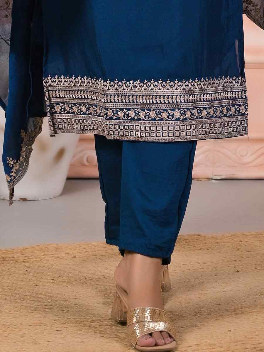 Petrol Slik Embroidered Party Casual Ready Pant Salwar Kameez