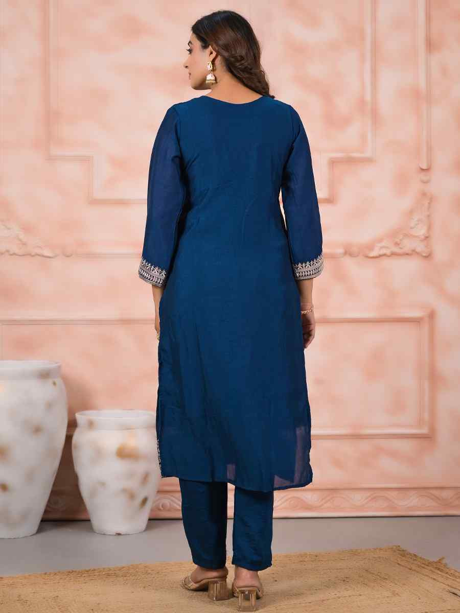 Petrol Slik Embroidered Party Casual Ready Pant Salwar Kameez