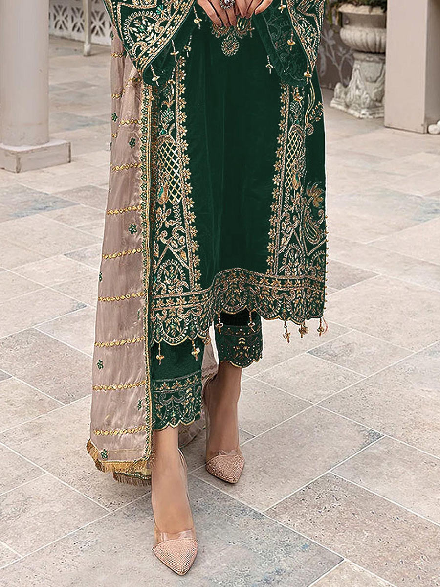 Pine Green Faux Georgette Embroidered Party Pant Kameez