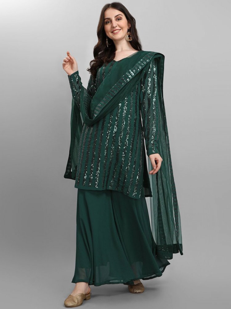 Pine Green Faux Georgette Embroidered Party Sharara Pant Kameez