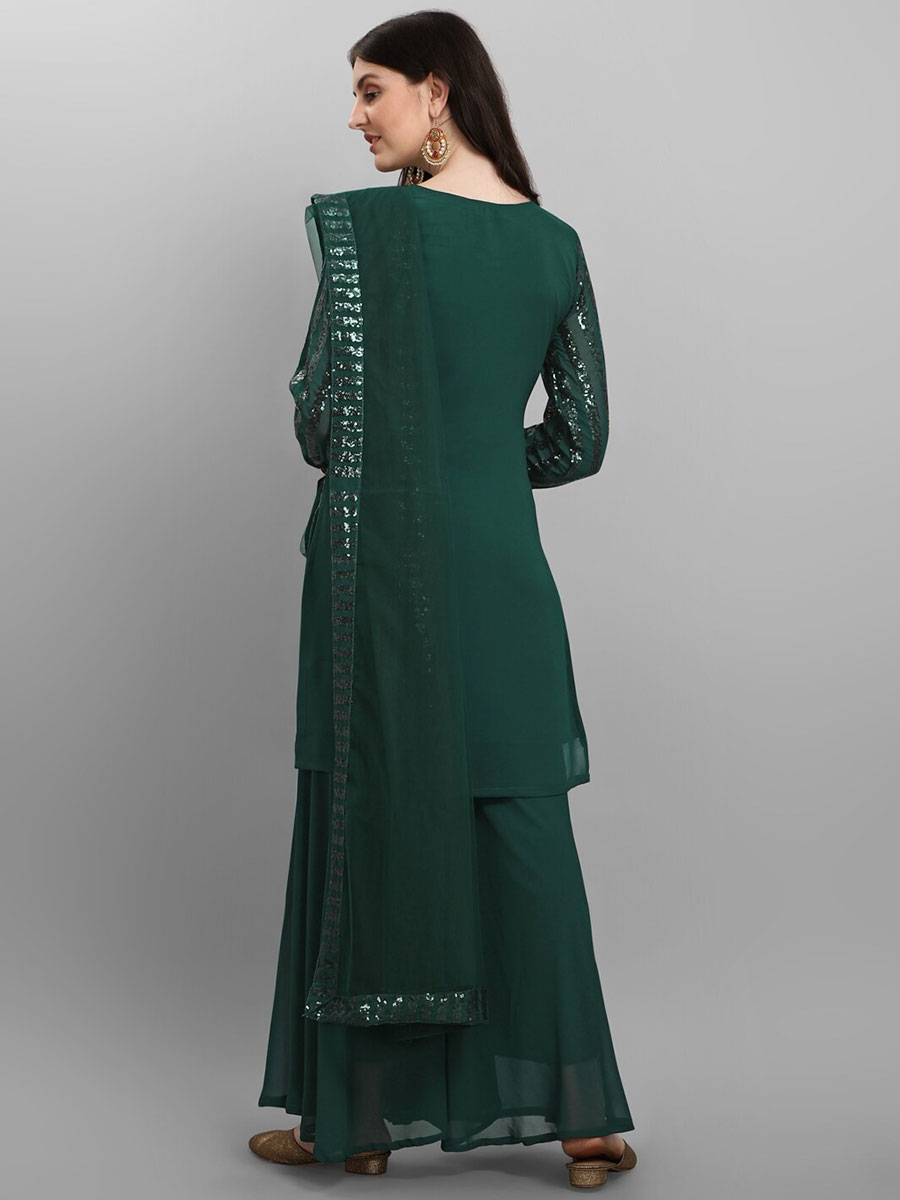 Pine Green Faux Georgette Embroidered Party Sharara Pant Kameez