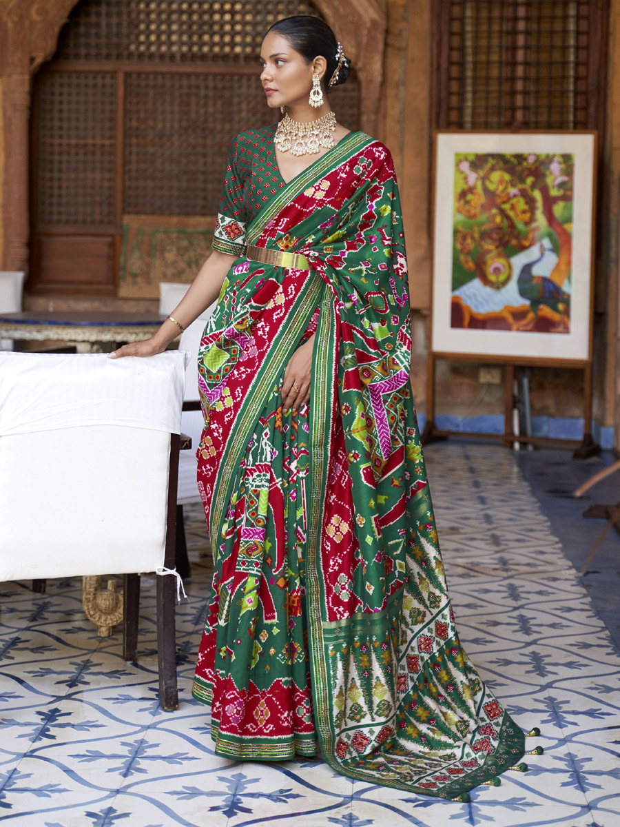 Pine Green Patola Silk Festival Printed Saree