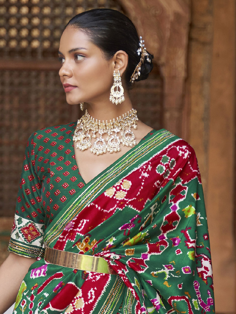 Pine Green Patola Silk Festival Printed Saree