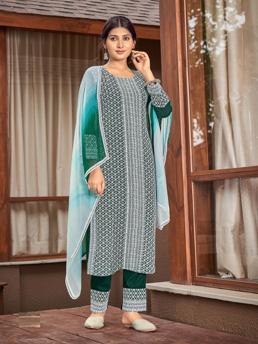 Pine Green Rayon Embroidered Festival Pant Kameez