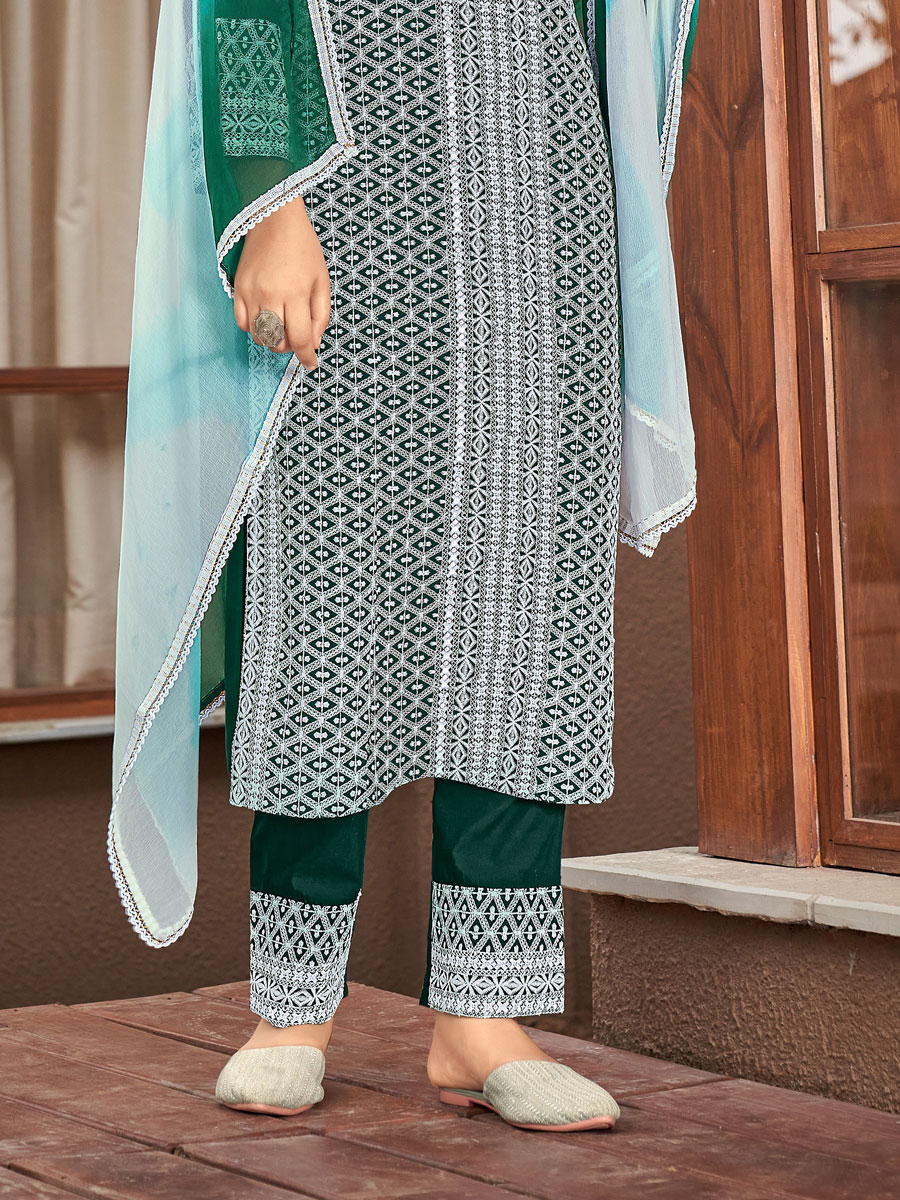 Pine Green Rayon Embroidered Festival Pant Kameez