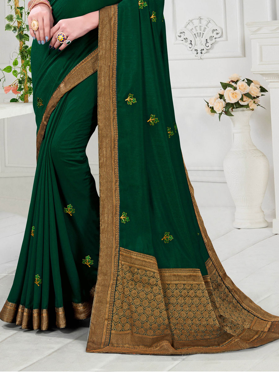 Pine Green Vichitra Silk Embroidered Party Saree