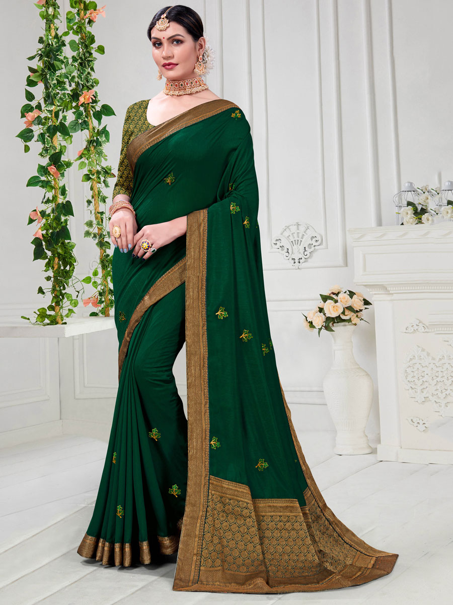Pine Green Vichitra Silk Embroidered Party Saree