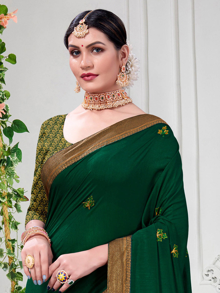 Pine Green Vichitra Silk Embroidered Party Saree