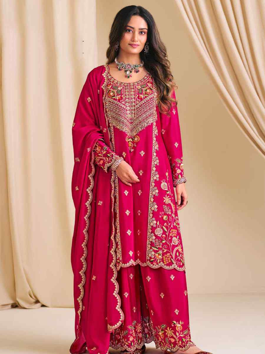 Pink  Heavy Premium Chinon Embroidered Party Wedding Ready Palazzo Pant Salwar Kameez