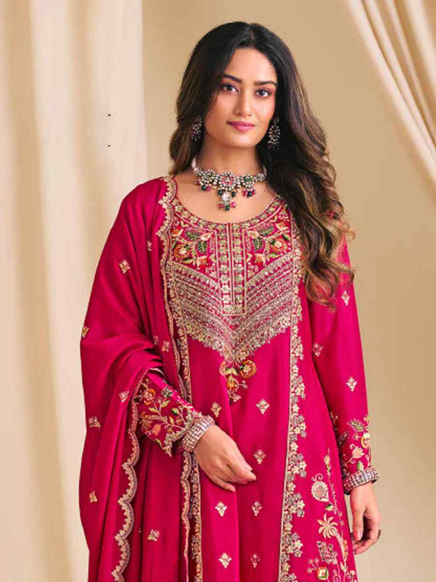 Pink  Heavy Premium Chinon Embroidered Party Wedding Ready Palazzo Pant Salwar Kameez