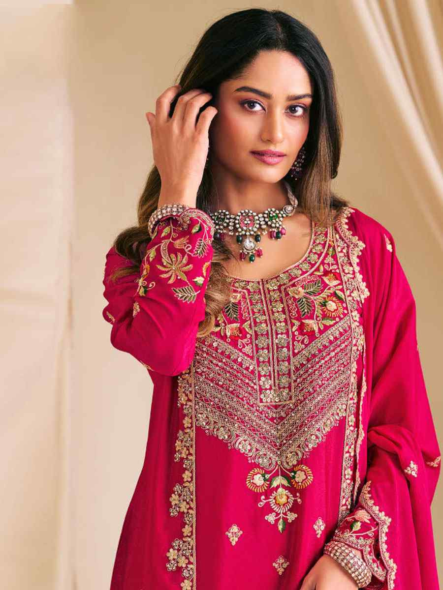 Pink Heavy Premium Chinon Embroidered Party Wedding Ready Palazzo Pant Salwar Kameez