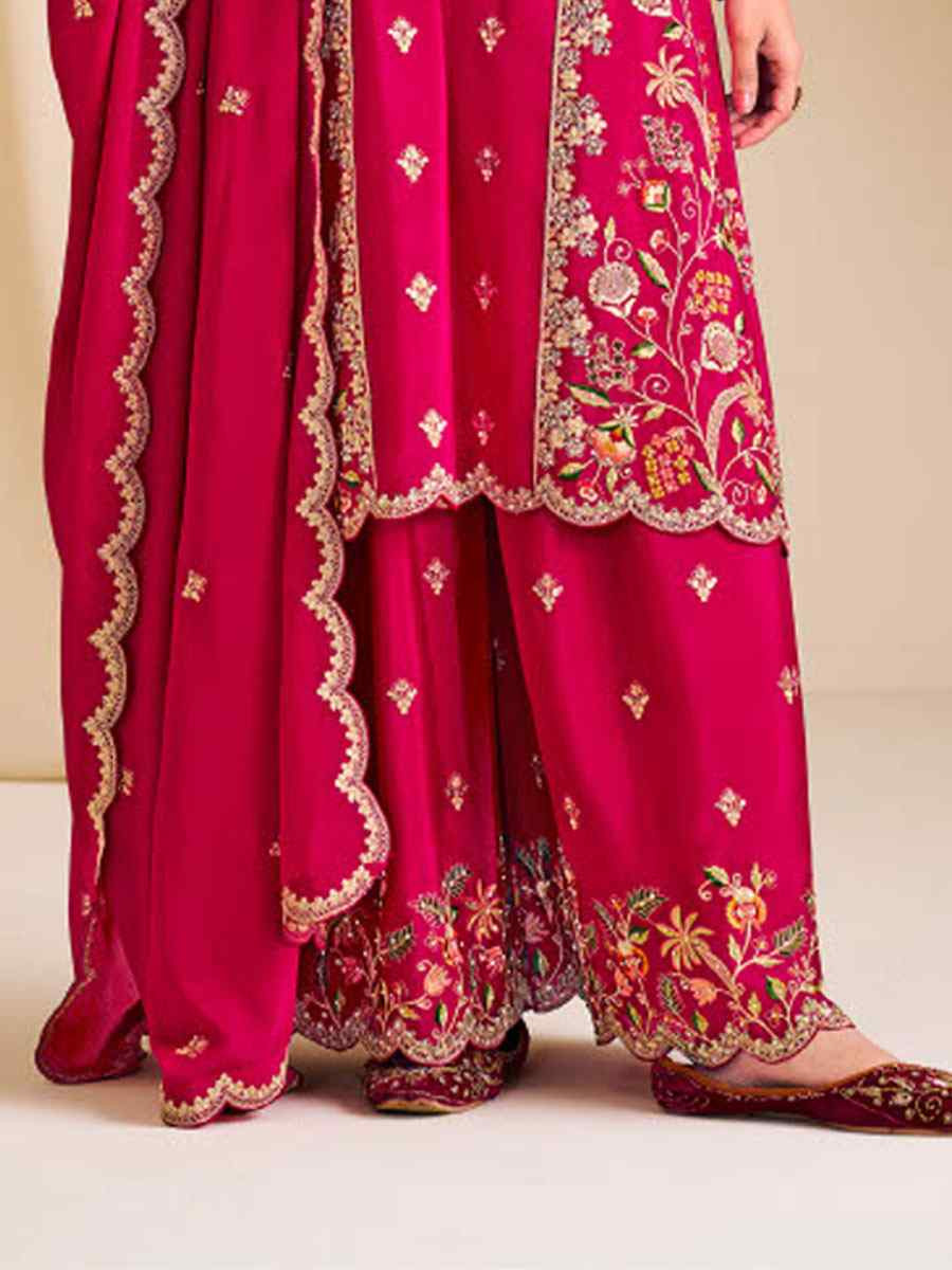 Pink  Heavy Premium Chinon Embroidered Party Wedding Ready Palazzo Pant Salwar Kameez