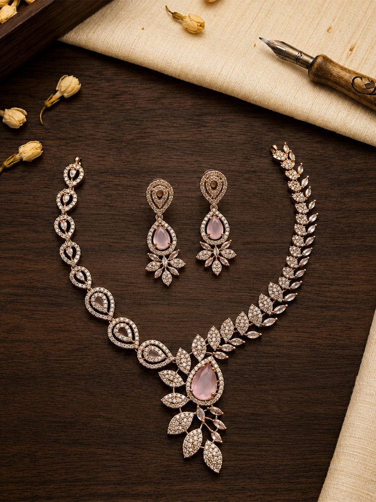 Image of Pink A.D. Stone Diamond Gemstone Festival Party Wedding Floral &amp; Leaf Design Necklace Set With Earrings