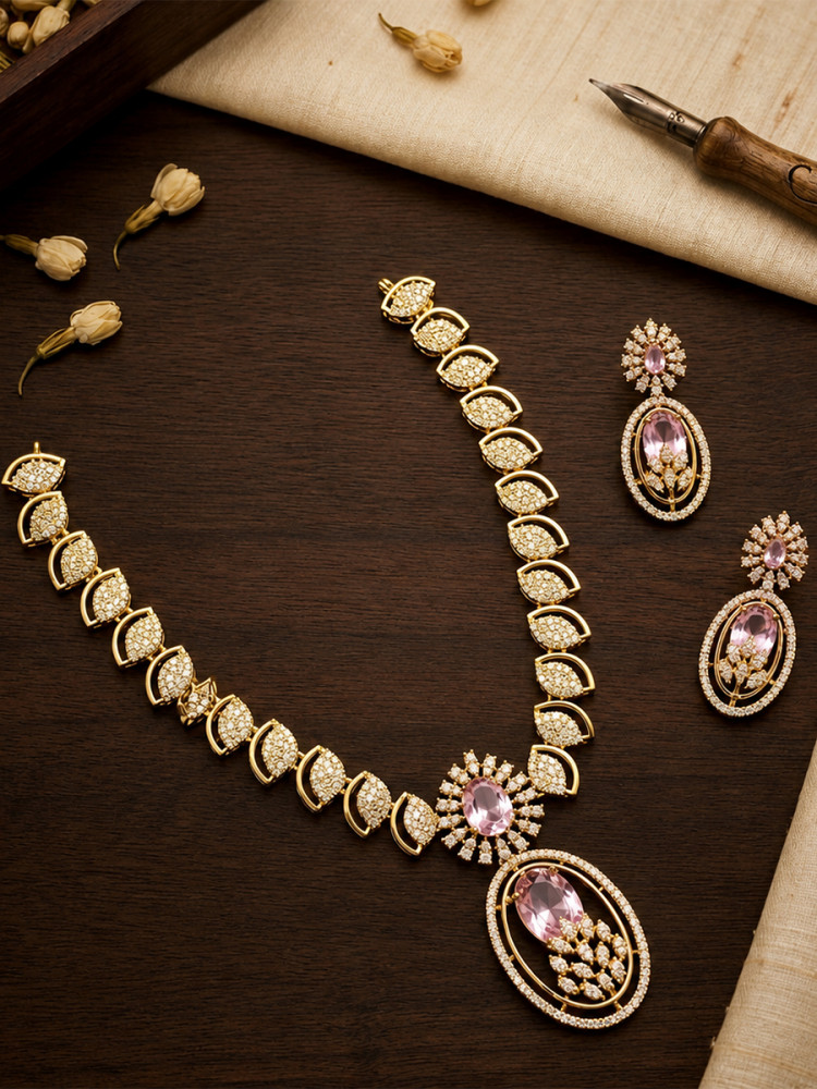 Image of Pink A.D. Stone Diamond Stone Gemstone Wedding Party Festival Wear Necklace Set With Earrings