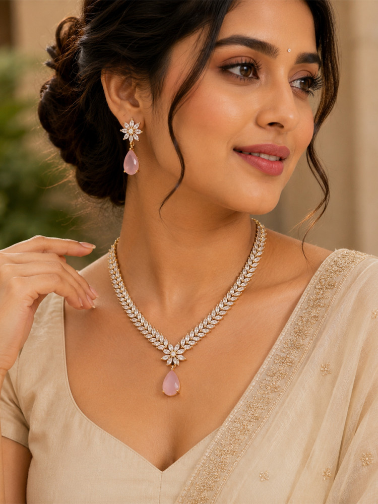Image of Pink A.D. Stone Gemstone Festival Party Wedding Necklace Set With Earrings