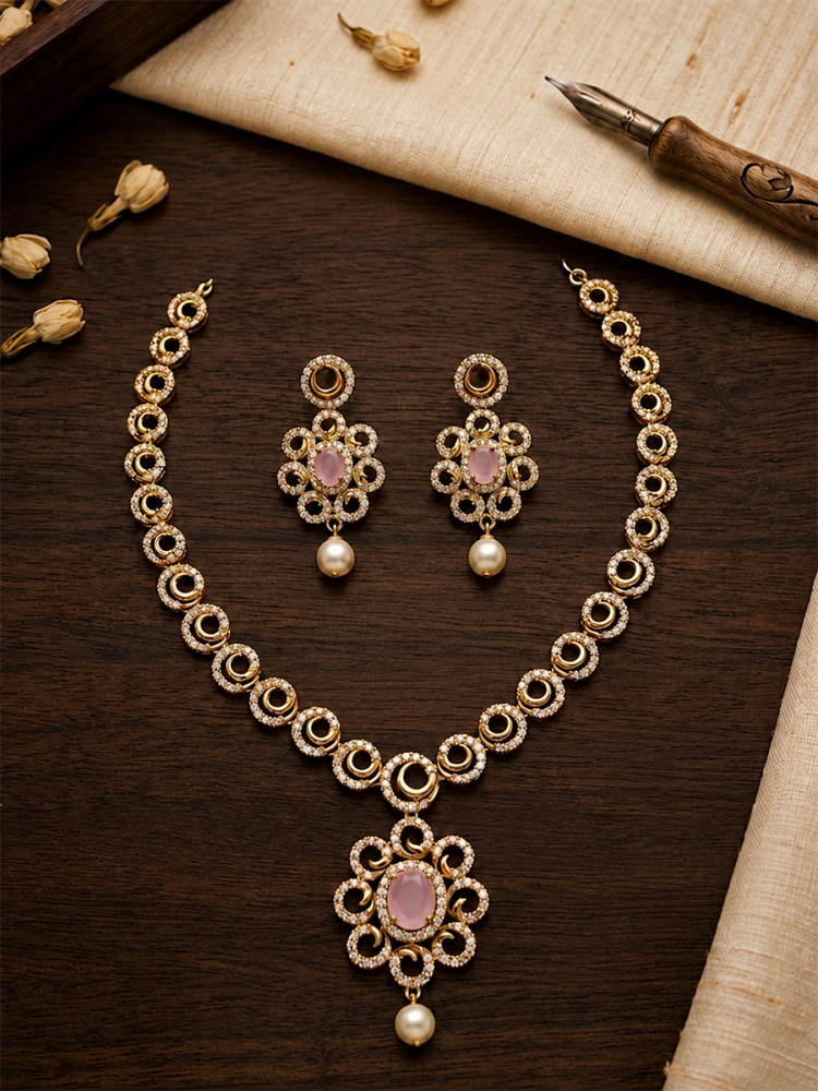 Image of Pink A.D. Stone Gemstone Pearls Festival Party Wedding Necklace Set With Earrings