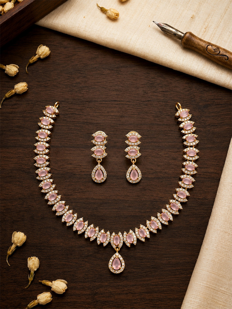 Image of Pink A.D. Stone Gemstone Stone Festival Party Wedding Necklace Set With Earrings
