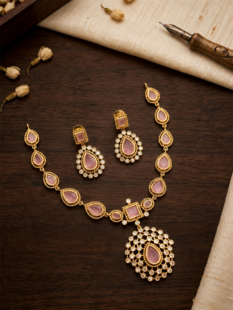 Image of Pink A.D. Stone Gemstone Stone Festival Party Wedding Necklace Set With Earrings