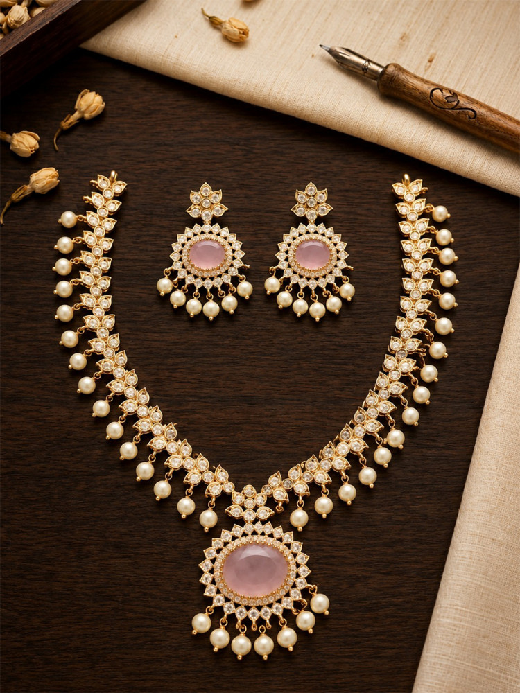 Image of Pink A.D. Stone Kundan Stone Pearls Wedding Party Festival Wear Necklace Set With Earrings