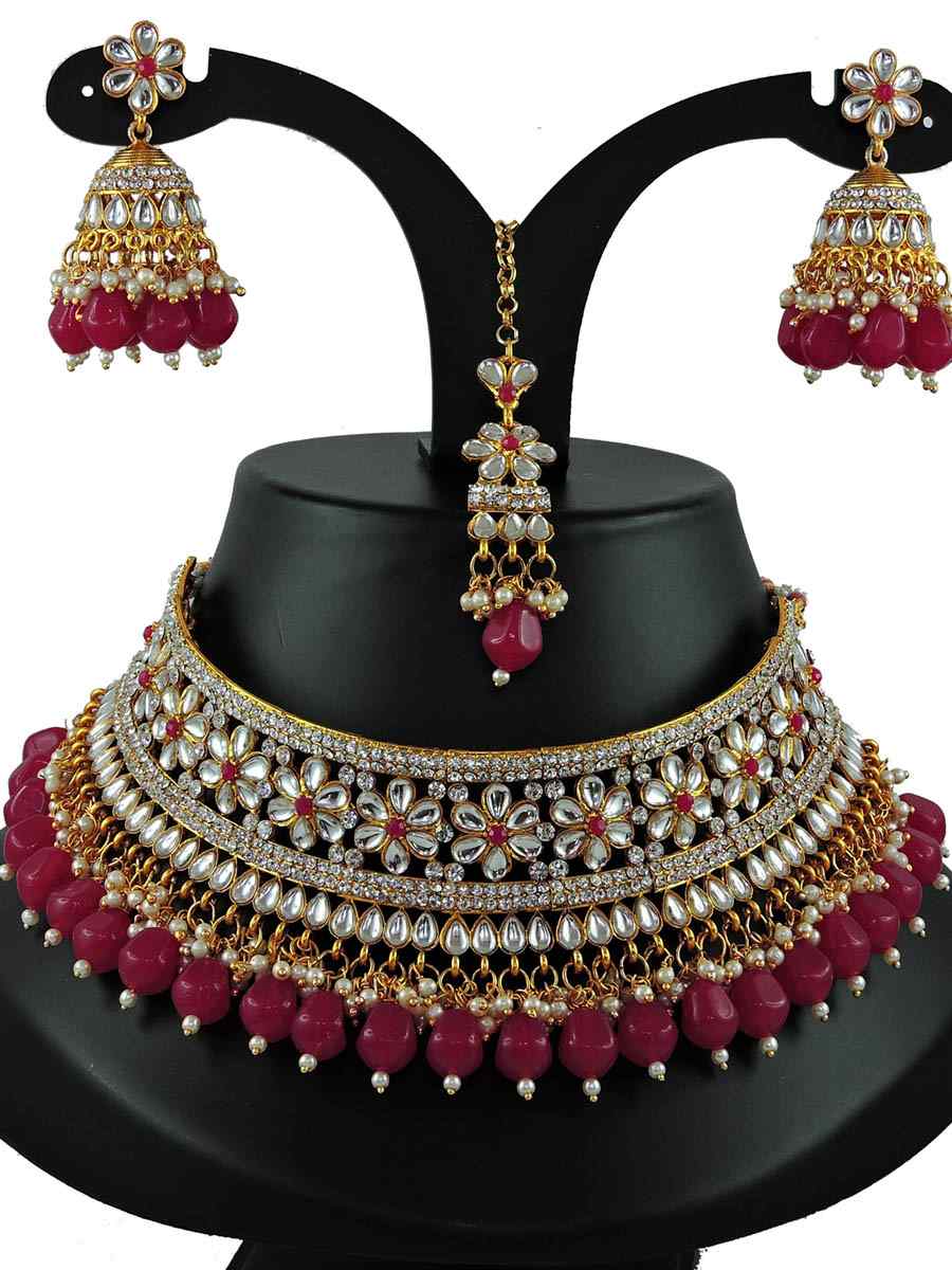 Pink Alloy Bridal Wear Diamonds Necklace