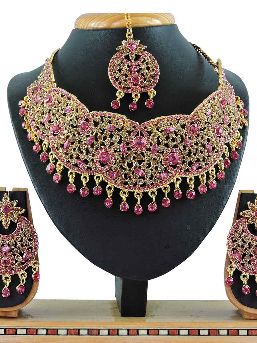Pink Alloy Bridal Wear Diamonds Necklace