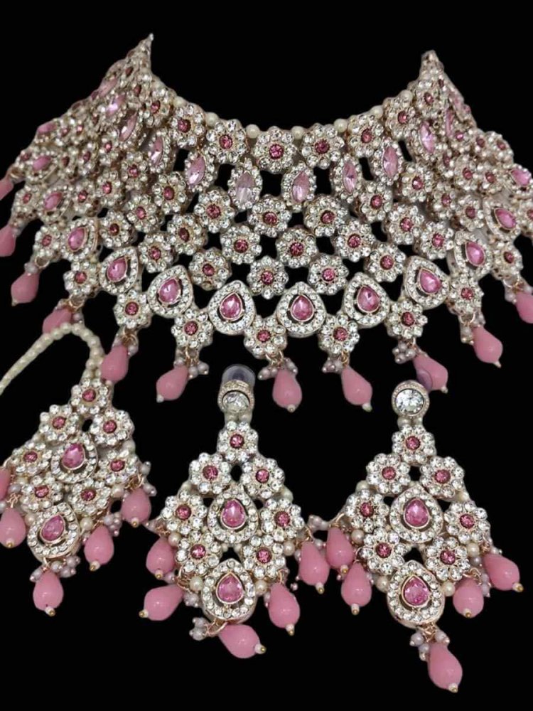 Pink Alloy Bridal Wear Diamonds Necklace