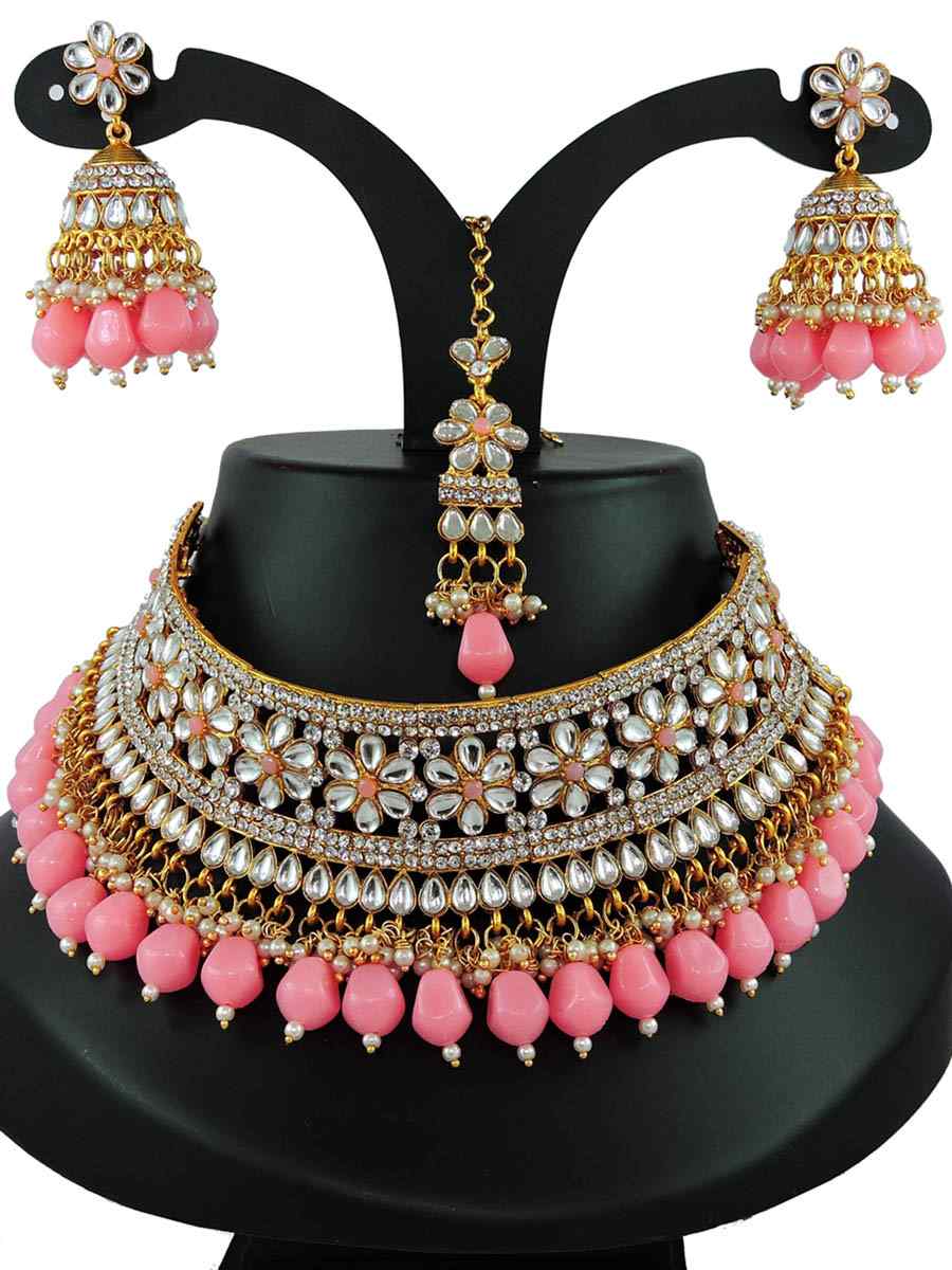 Pink Alloy Bridal Wear Diamonds Necklace