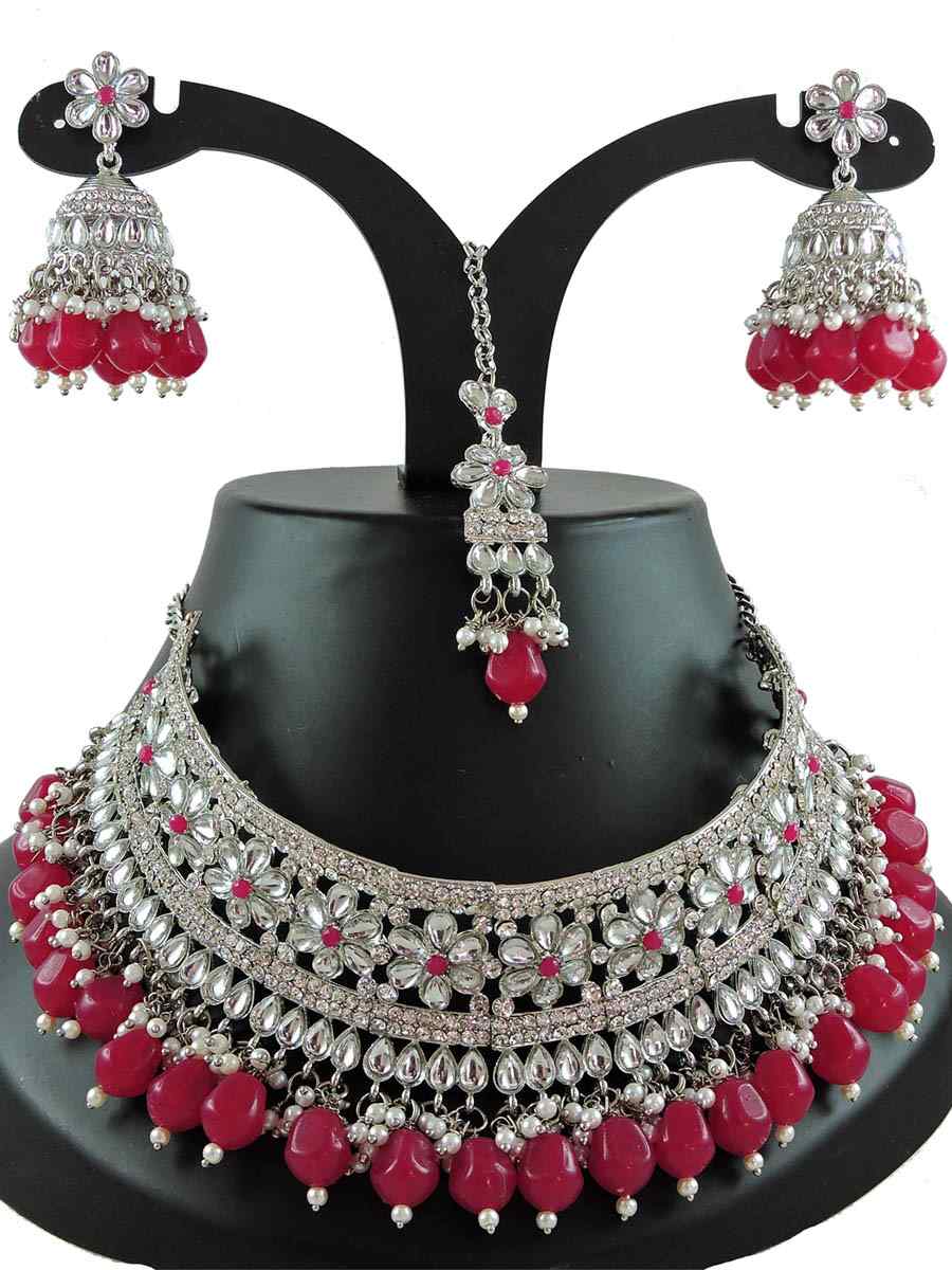 Pink Alloy Bridal Wear Diamonds Necklace