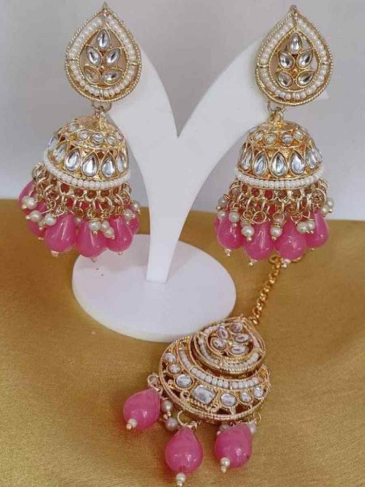 Pink Alloy Bridal Wear Kundan Jhumkas