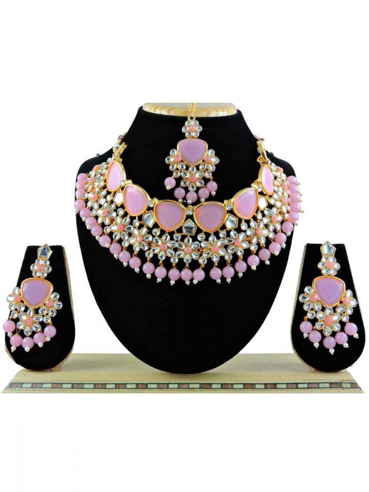 Pink Alloy Festival Wear Diamonds Necklace