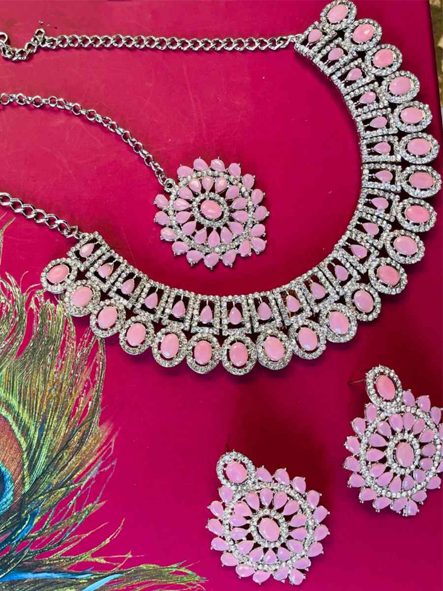 Pink Alloy Festival Wear Diamonds Necklace