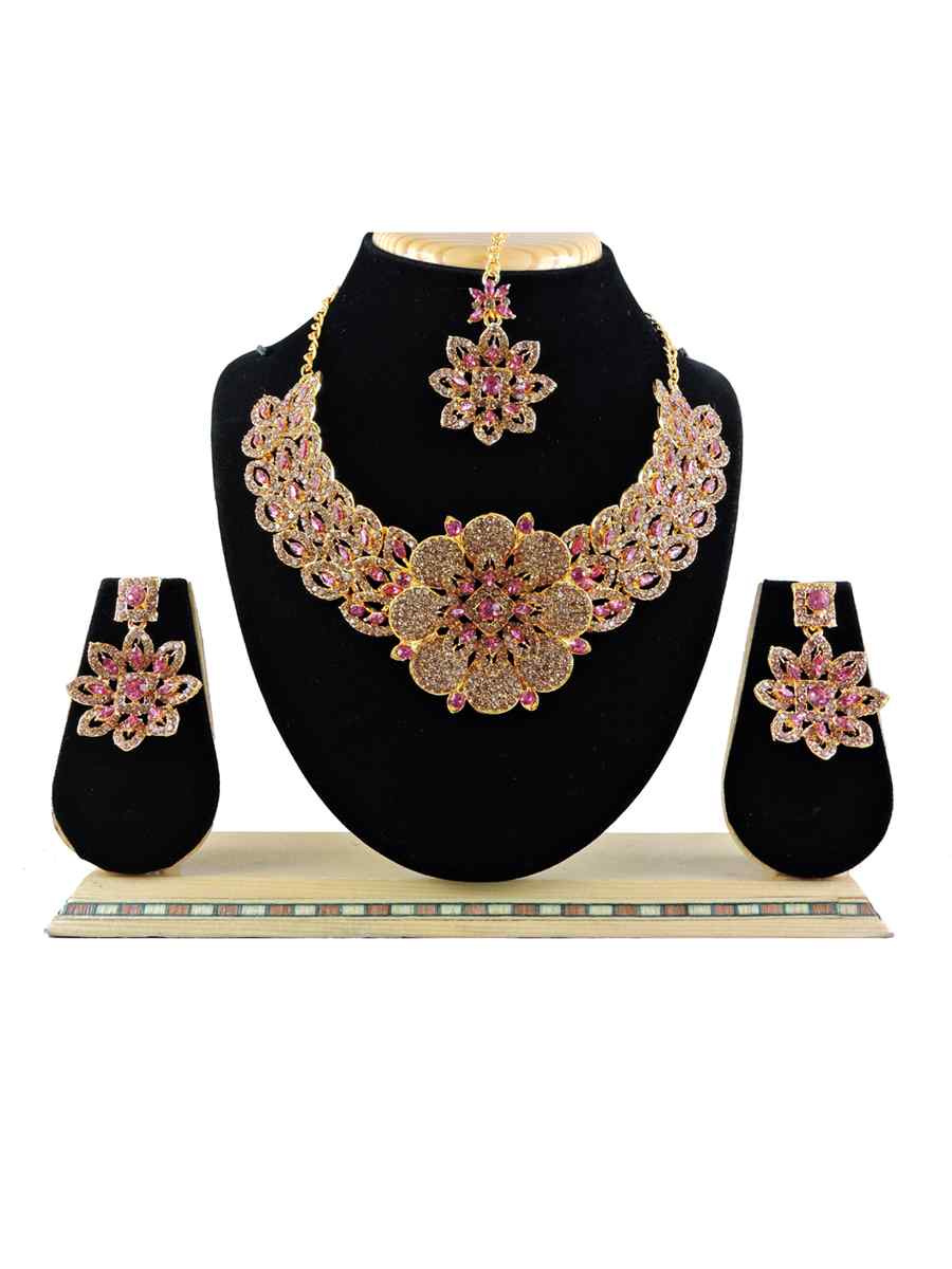 Pink Alloy Festival Wear Diamonds Necklace