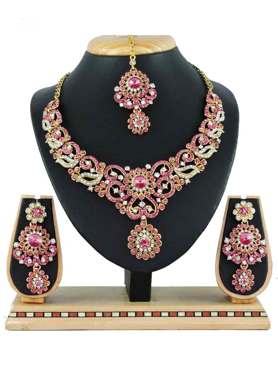 Pink Alloy Festival Wear Diamonds Necklace