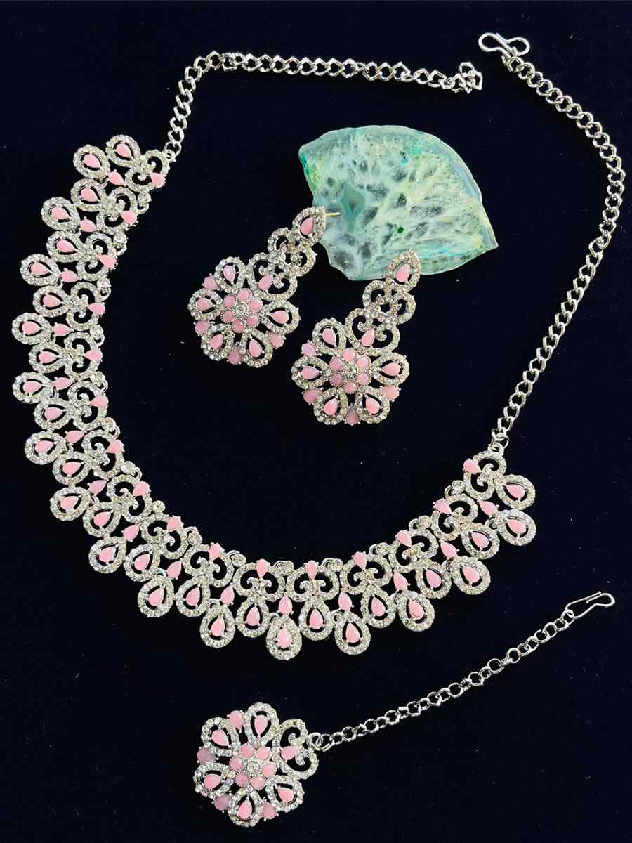 Pink Alloy Festival Wear Diamonds Necklace