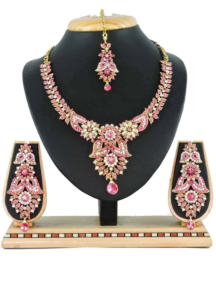 Pink Alloy Festival Wear Diamonds Necklace