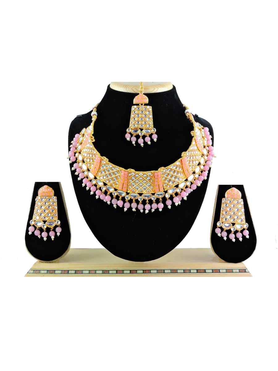 Pink Alloy Festival Wear Diamonds Necklace