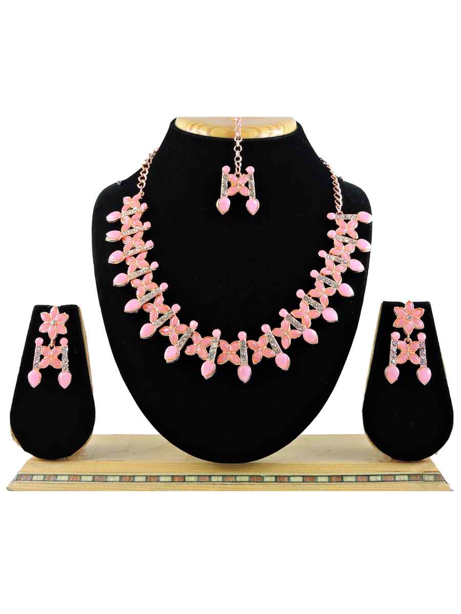 Pink Alloy Festival Wear Diamonds Necklace