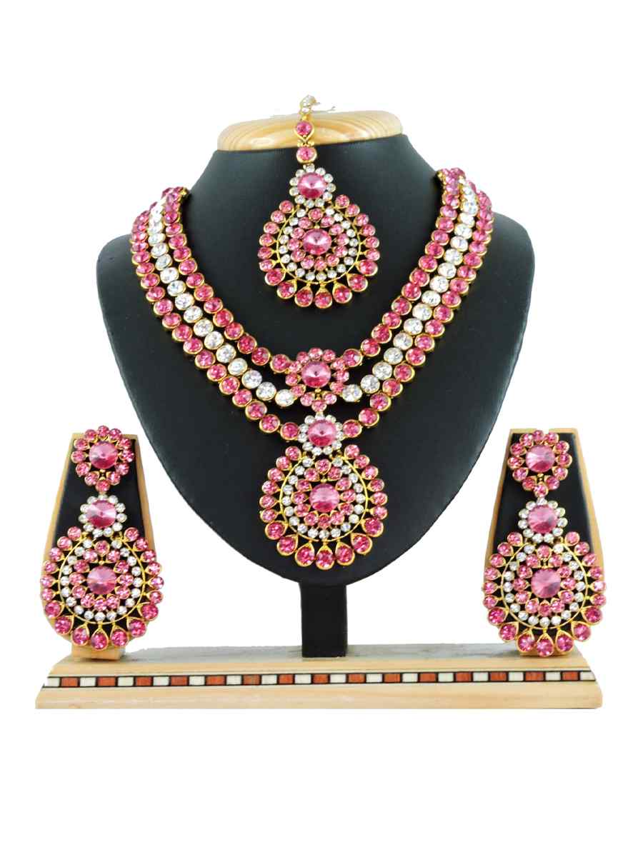 Pink Alloy Festival Wear Diamonds Necklace